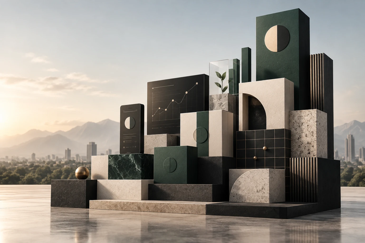 Architectural brand building blocks with digital panels rising against a modern city backdrop