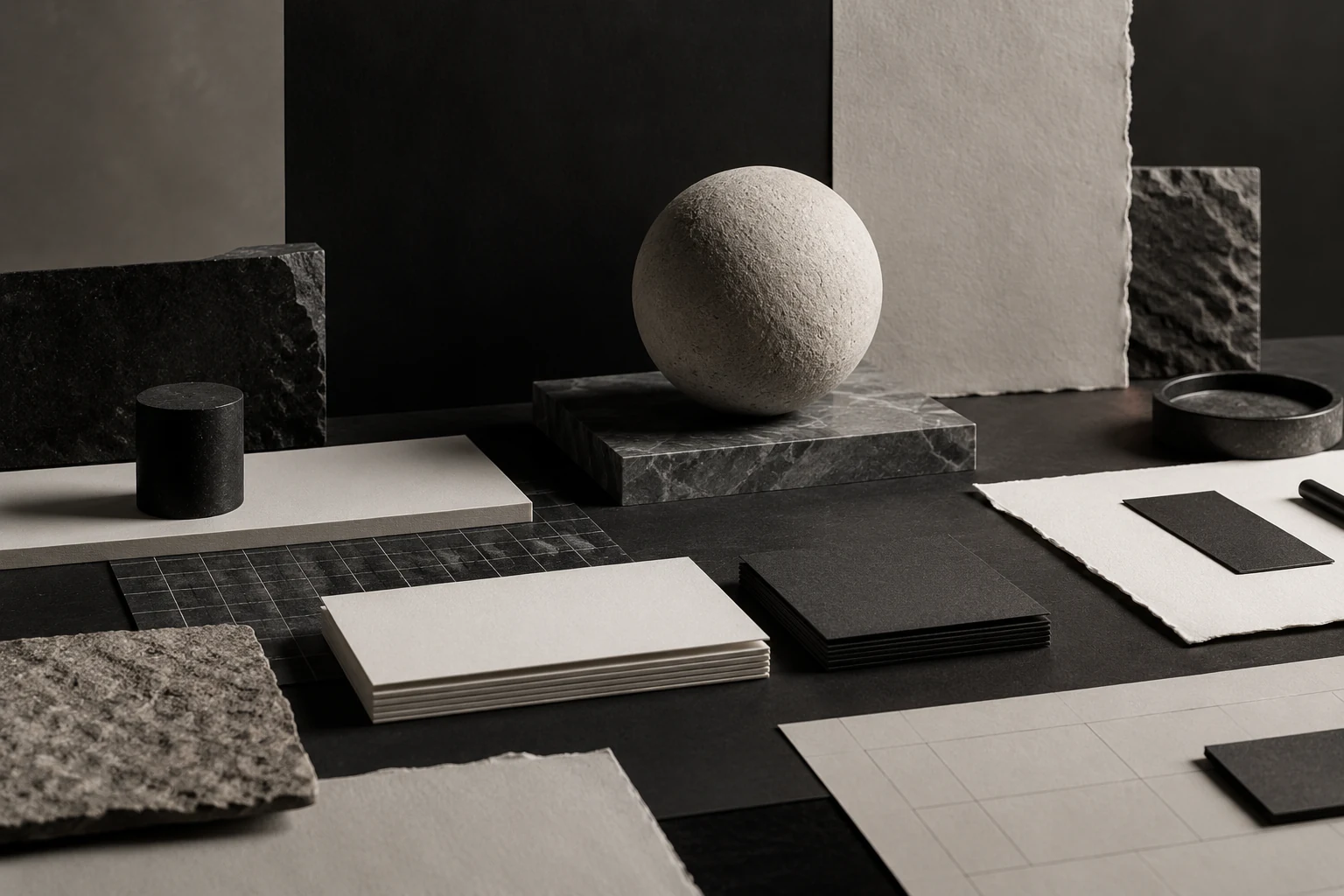 Abstract monochrome brand strategy materials arranged on a design review table