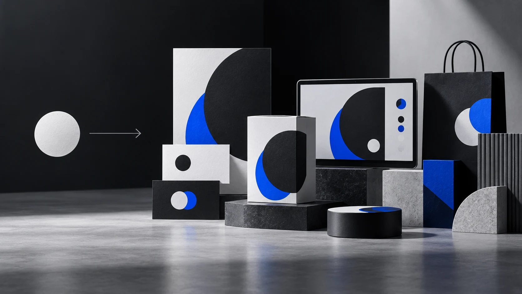 A minimal circular symbol expanding into packaging, digital and printed brand touchpoints